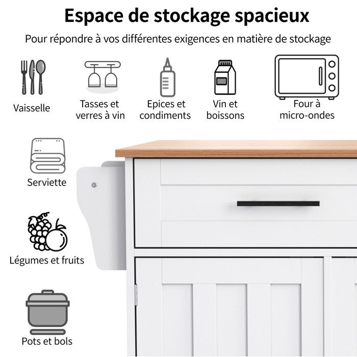 Desserte de cuisine blanche 129 x 46 x 915 cm avec plateau rabattable 2 tiroirs 3 portes et roulettes