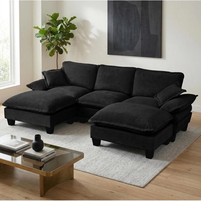 Canapé panoramique en U 5 places modulable avec 2 ottomanes mobiles - ELVMI - 2 coussins chenille noire