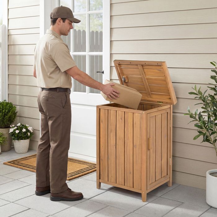 Coffre de Rangement-COSTWAY-Extérieur Jardin 46 x57x86CM Bois d’Acacia Couvercle Ouvrant& Étagère Amovible Coffre à Colis Poubell