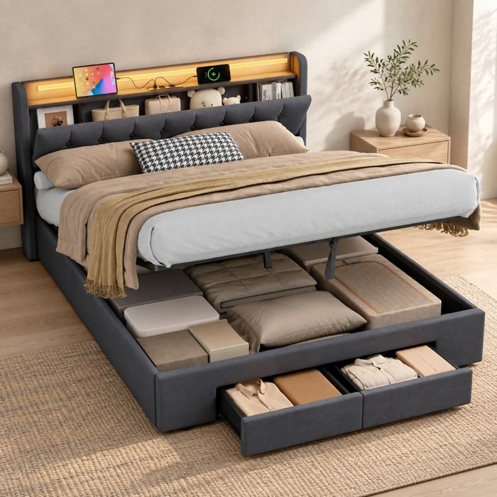 Lit coffre EVRYAE 160 x 200 cm en velours gris foncé avec 2 tiroirs USB LED et cadre métallique renforcé