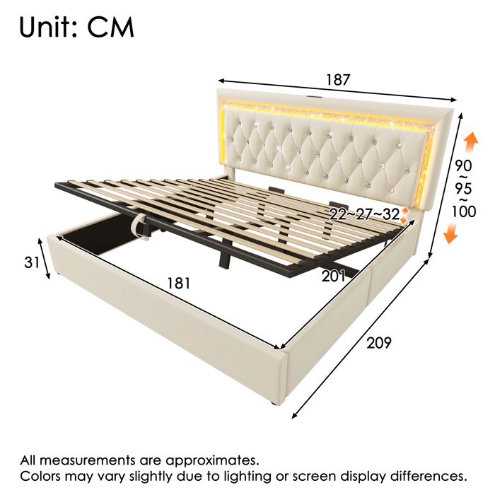 Lit double capitonné 180x200 cm velours beige avec LED diamant USB-C coffre hydraulique sommier inclus sans matelas