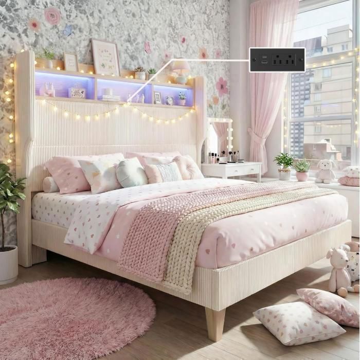 Lit 140x190 cm Patbrela - avec tête de lit de rangement velours côtelé Beige， dossier haut rembourré
