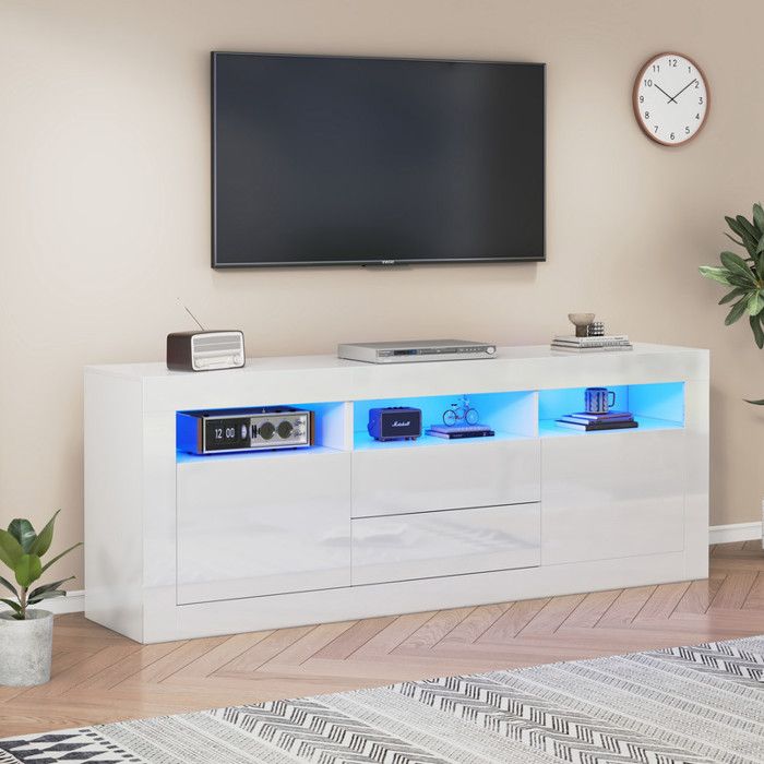 Meuble TV avec éclairage LED Meuble de Salon Haute Brillance 3 Compartiments Ouverts 2 Portes et 2 Tiroirs 160x35x60cm Noir