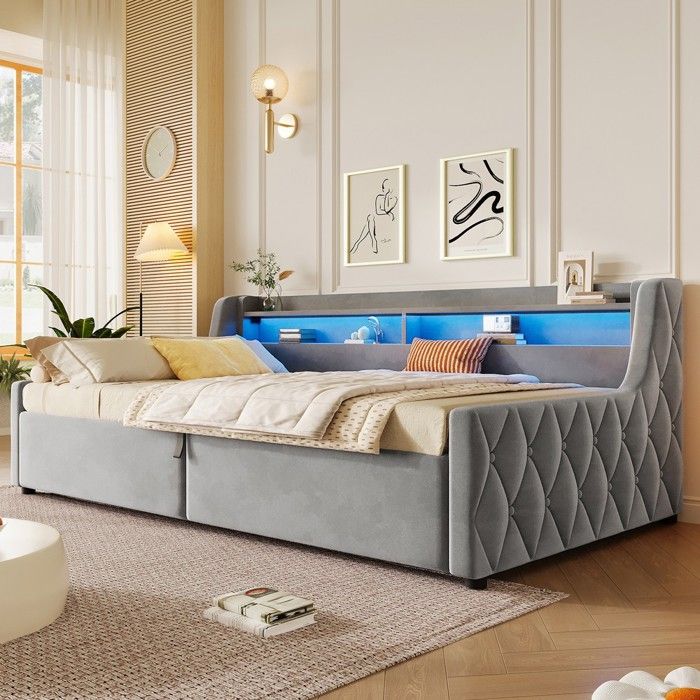 Lit coffre plateforme - PAGE LIVING - 90x200 cm - Velours gris capitonné - Coffre de rangement - LED intégrée