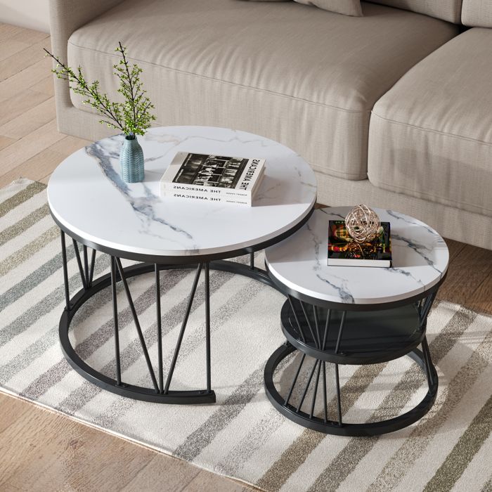 Table basse gigogne ronde plateau effet marbre blanc structure métallique noire forme V étagère de rangement pour salon