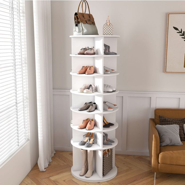Meuble à Chaussures Pivotant 360° 7 Niveaux sur Pied jusquà 28 Paires - MODENVIE - Blanc PVC 60×60×184 cm