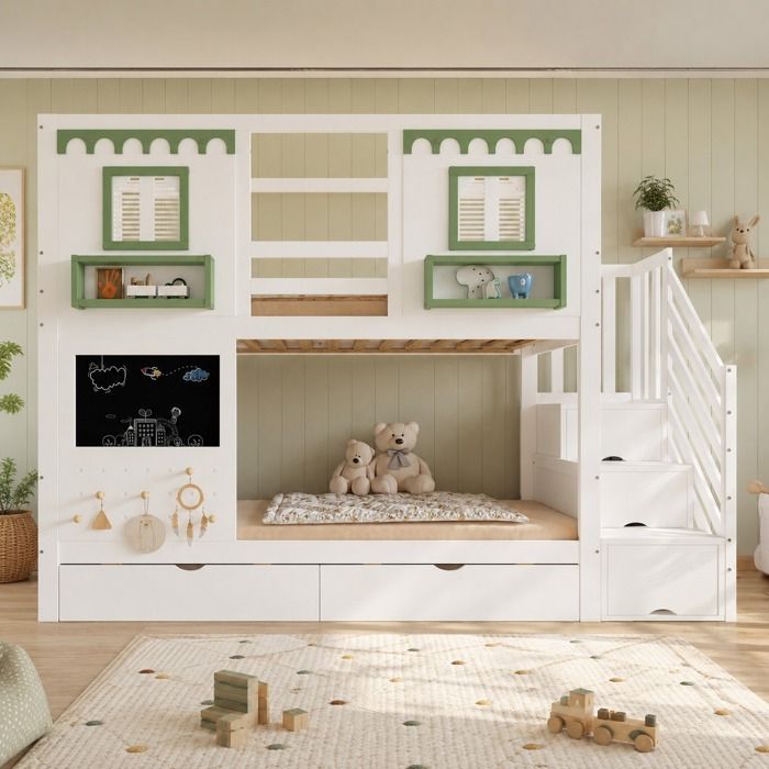 LEMONMAX Lits superposés enfant 2 x 90x200 cm - avec Escalier de Rangement 2 Tiroirs - Décor Vert et Blanc - Sommiers inclus