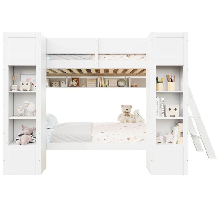 Lit superpose 252x116.5x150 cm Blanc Bois massif avec 2 armoires rangeoire suspendue et barriere