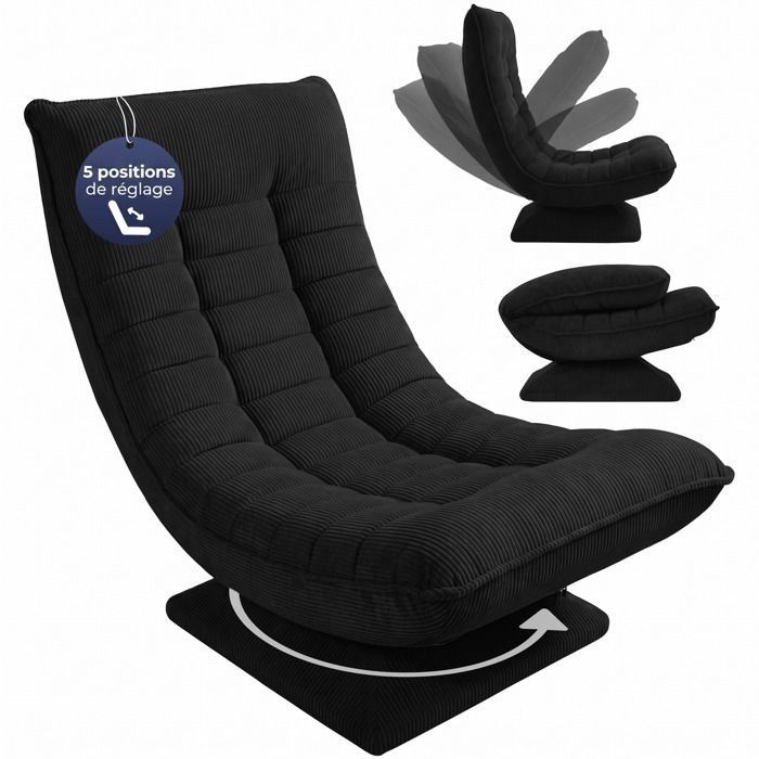 CASARIA Fauteuil tout confort pivotant 360 degrés velours côtelé noir CASARIA Fauteuil tout confort pivotant 360 degrés velours côtelé noir