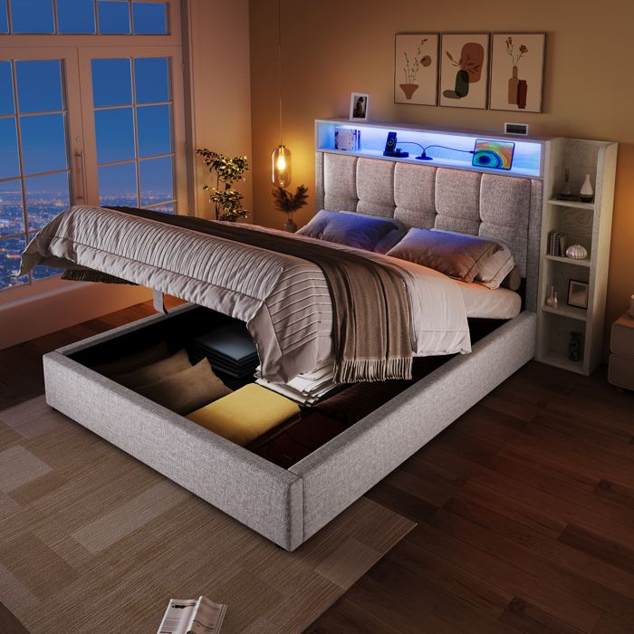 Cadre de lit simple rembourré 90x200 cm en lin et MDF coloris beige ports USB éclairage LED coffre relevable sans matelas