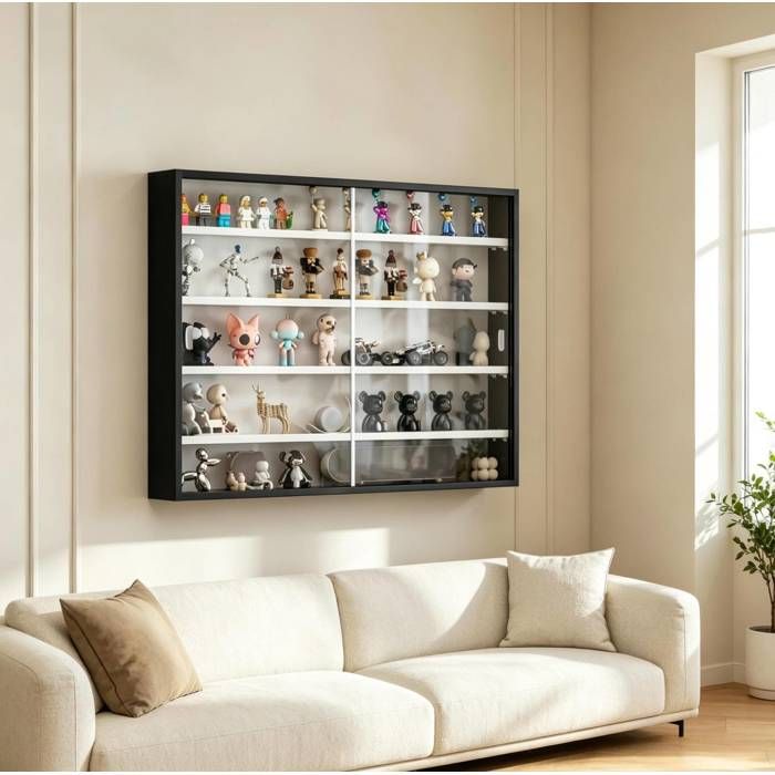 WOVREO Vitrine murale d’exposition 4 étagères réglables 2 portes coulissantes en verre 80 x 9 5 x 60 cm