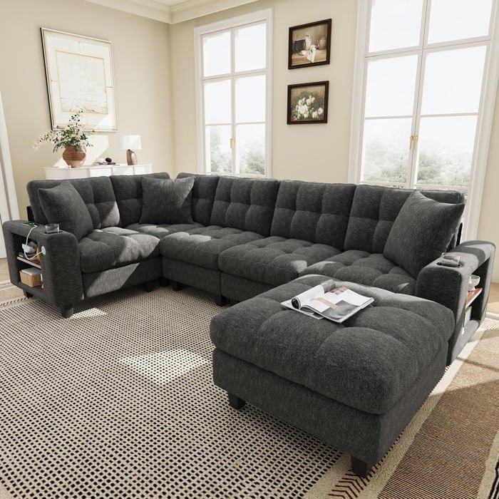 Sapgaks Canapé dangle Convertible 6 Places Chenille Gris 216 5x216 5x83 cm avec USB Repose-pieds et 3 Coussins