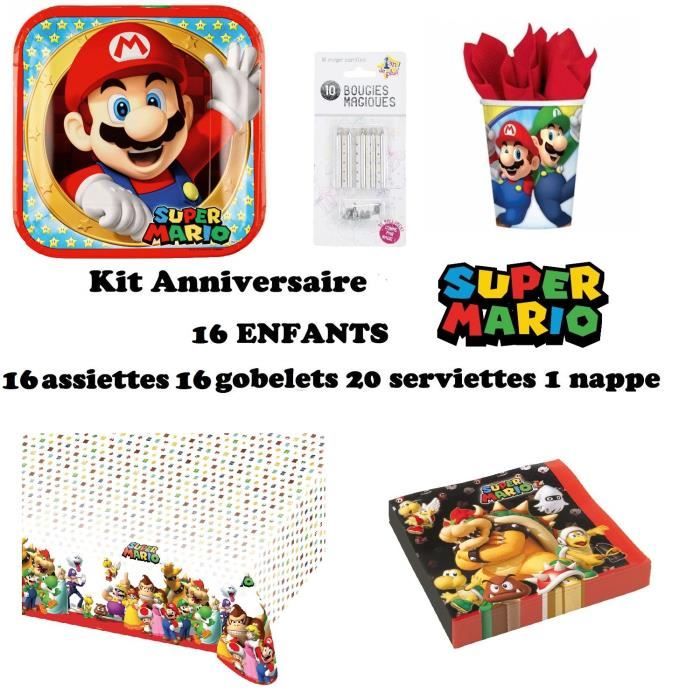 Kit Super Mario 16 Enfants Complet Anniversaire (16 Assiettes 16 gobelets 20 Serviettes 1 Nappe + 10 Bougies Magiques) fête