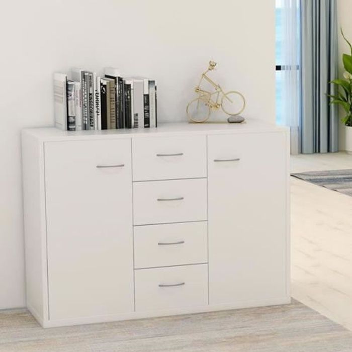 Buffet en Aggloméré Avec quatre tiroirs et deux portes-Scandinave-Blanc-88x30x65 cm