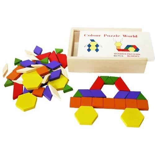 Tangram Formes géométriques Enfant Bois - 60 Pièces colorées - Casse-Tête Jouet Educatif-Montessori