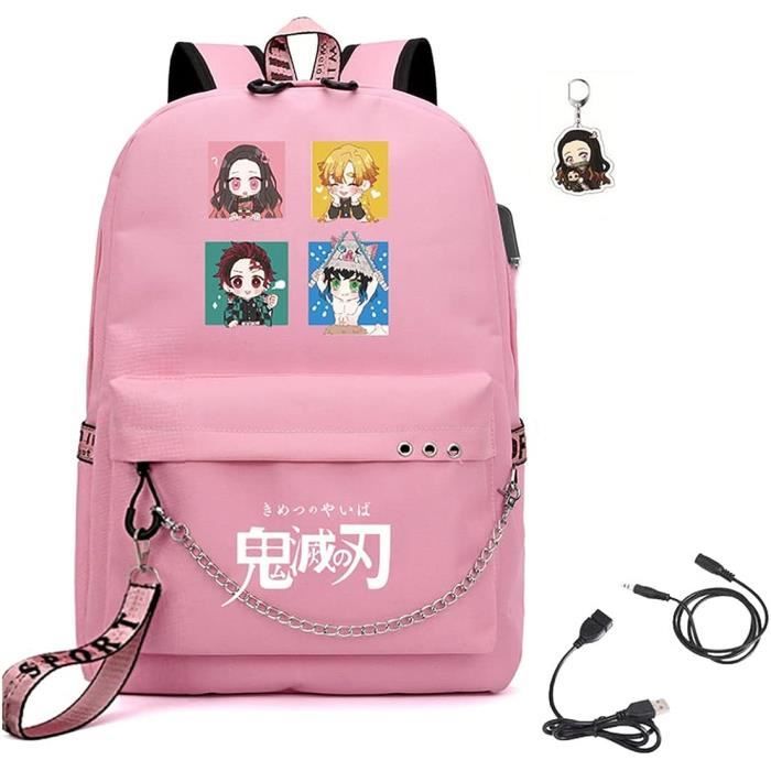 Roffatide Anime Demon Slayer Kamado Nezuko Sac À Dos pour Ordinateur Portable Toile Sac À Dos Rabat Imprimé Cartable Collège Bookbag Rose