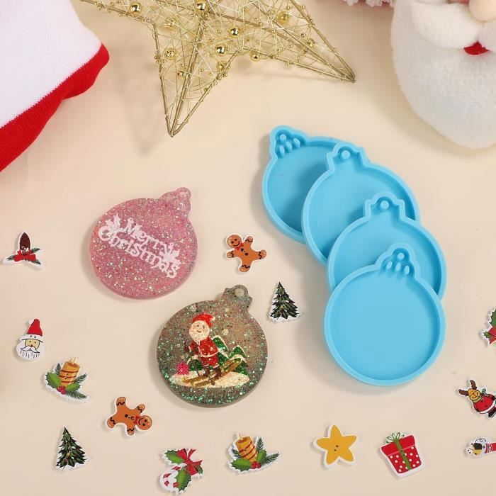 Moules En Silicone Pour Résine De Noël - 4 Moules Pendentifs Avec Trou - Format 8.3x7 Cm - DIY Décorations De Fête