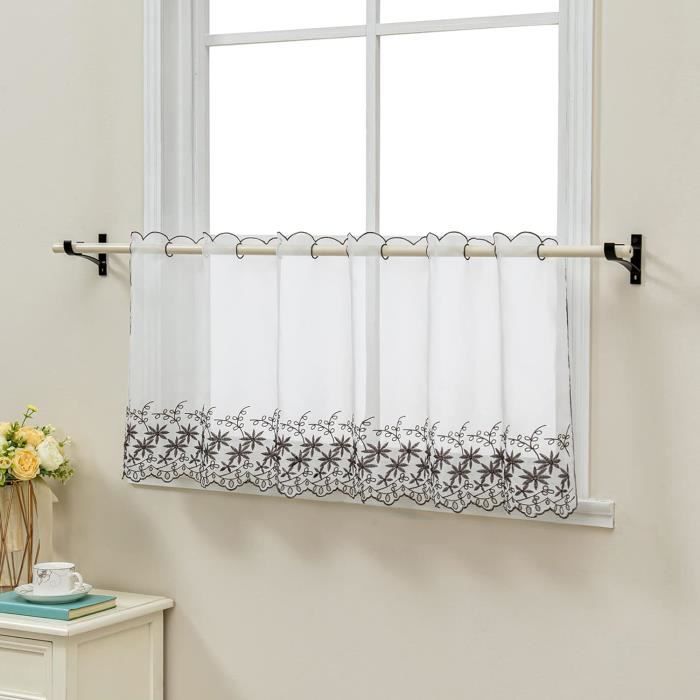 Rideau Brise-bise Selina En Voile Transparent – Motif Fleurs Brodées, Dimensions 45 X 120 Cm | 100% Polyester, Avec Boules Décoratives