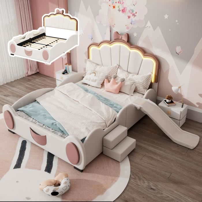 Lit enfant 140x200 papillon avec LED changeant de couleur PU+MDF charge 200 kg rose/blanc