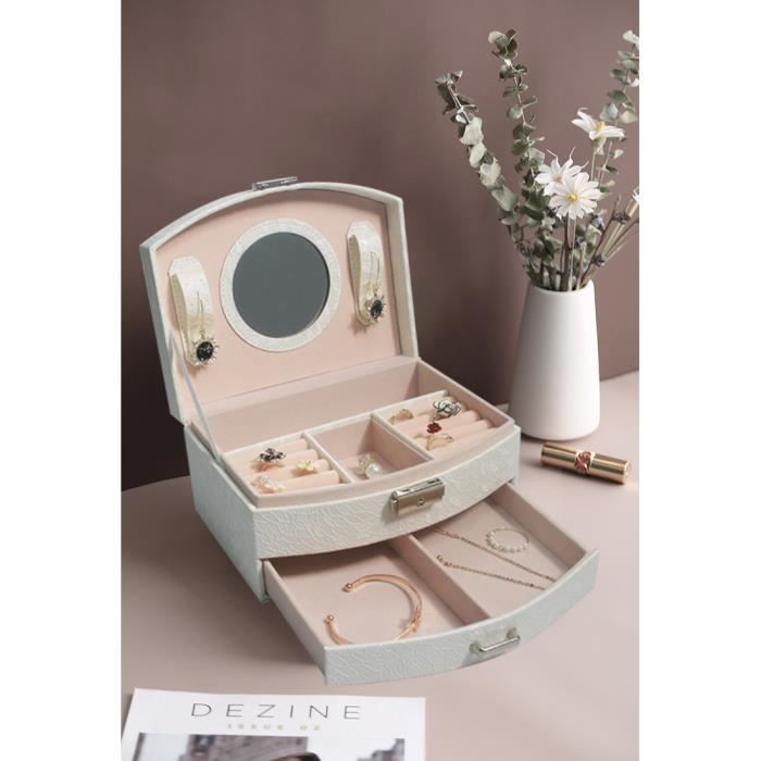 TAVADA Boîte à Bijoux Femme Avec Miroir - Coffret 2 Couches Élégant Pour Bagues, Boucles D'Oreilles, Colliers Et Bracelets