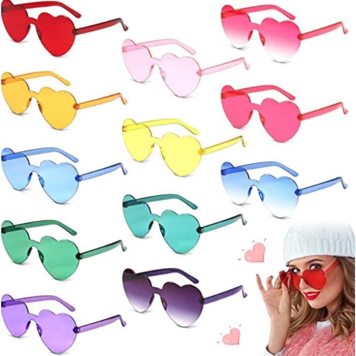 Lunettes de Soleil en Forme de Coeur 12 Paires Lunettes Parti Hippie Lunette de Soleil sans Monture Lunette Coeur Couleur