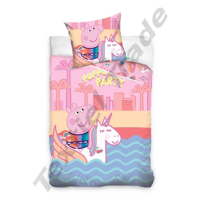 Peppa Pig Parure De Lit Réversible 100% Coton - Housse De Couette 140x200 Cm + Taie D'Oreiller