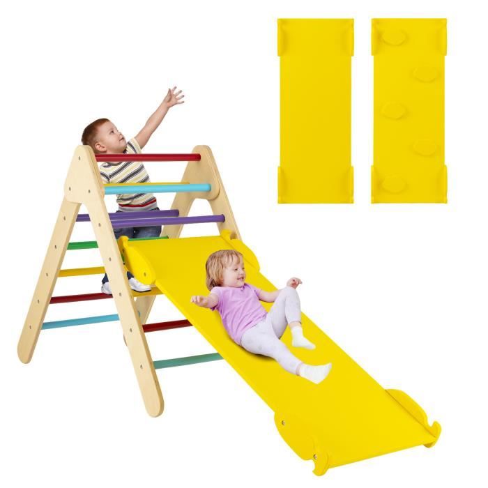 COSTWAY 3 en 1 Triangle d'escalade Enfant avec Rampe Double Face, Echelle d' escalade en Bois Moderne avec Inclinaison Réglable, Structure de Jeu pour Maison Garderie pour Tout-Petits de 1 an