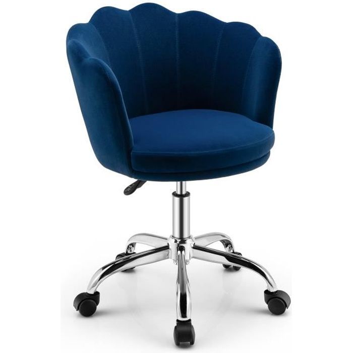 COSTWAY Fauteuil de Bureau à RoulettesChaise de Coiffeuse - Velours - Hauteur Réglable H 745-84 CM - Forme de Pétale Bleu