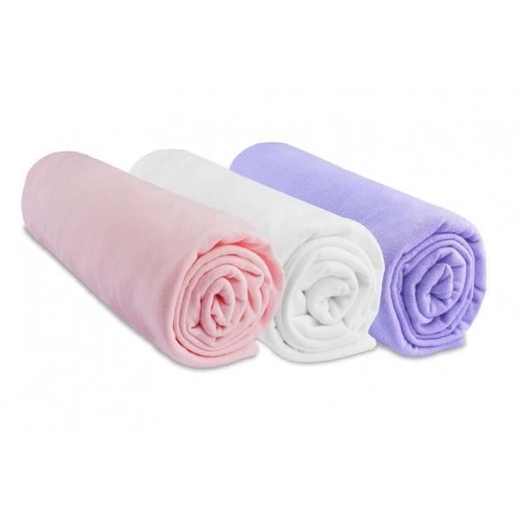 Lot de 3 Draps housse Jersey coton 70x140 fille - EASY DORT - Pack petite fille - Rose, blanc, parme