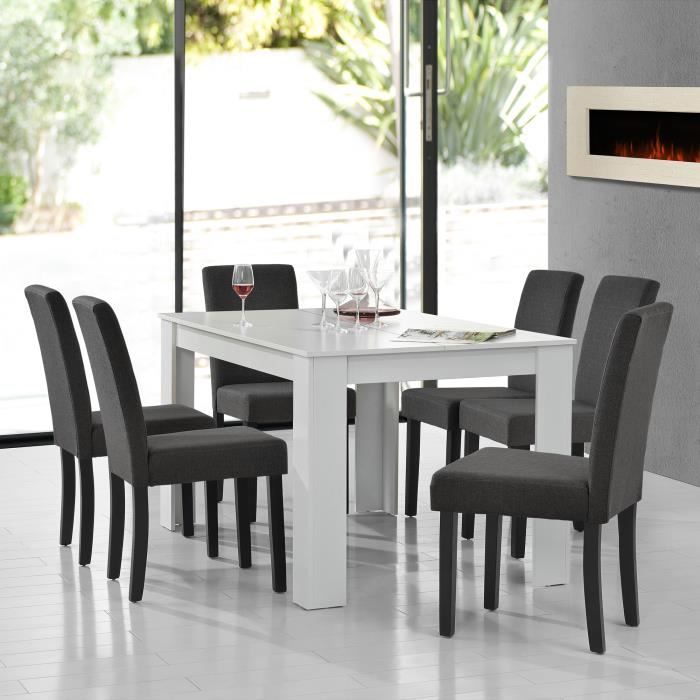 [en.casa] table de salle à manger (blanc) + 6 chaise de salle à manger en gris foncé - 140x90cm