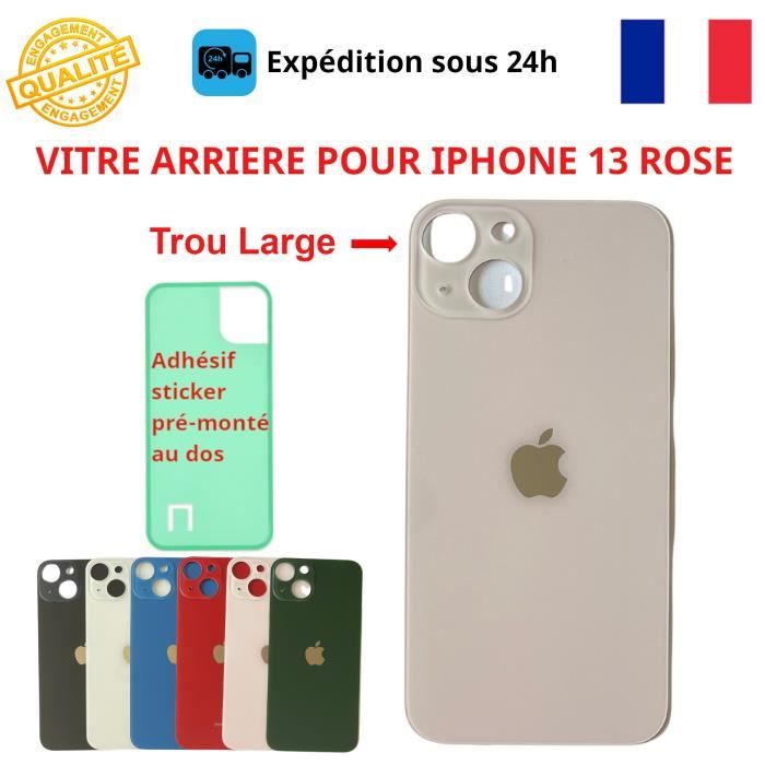 VITRE ARRIERE IPHONE 13 ROSE LOGO ADHESIF GROS TROU