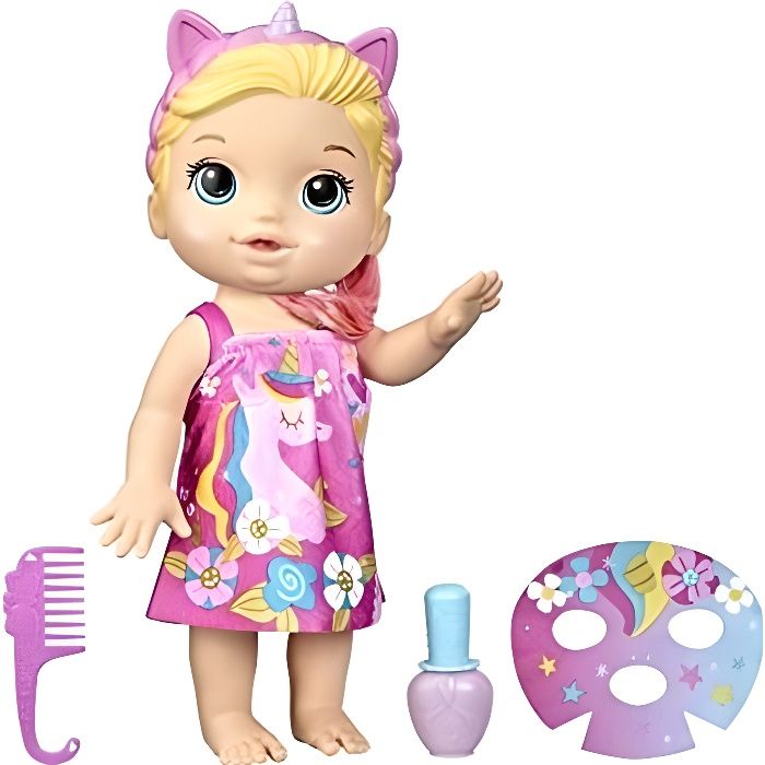 baby alive poupée bébé beauté 32,5 cm à baigner, thème licorne, maquillage et ongles magiques, cheveux blonds, enfants