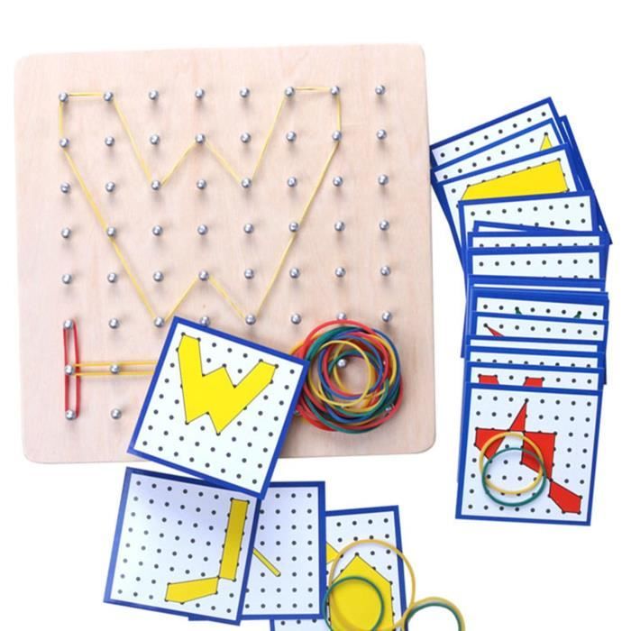 Planche Géométrique Montessori En Bois - Jeu Éducatif Motricité Fine 3-6 Ans Avec Élastiques Et Cartes