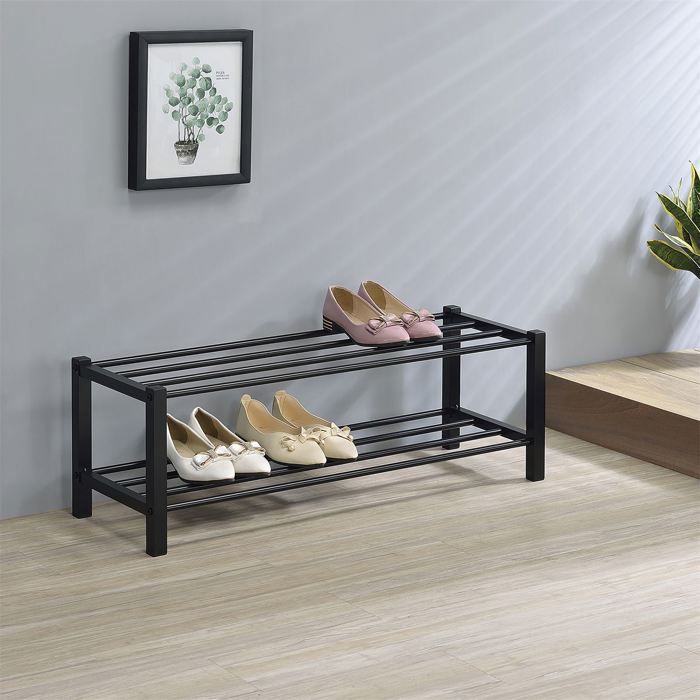 Étagère à chaussures NAVAN rangement porte-chaussures avec 2 niveaux en métal laqué noir pour 8 paires de chaussures