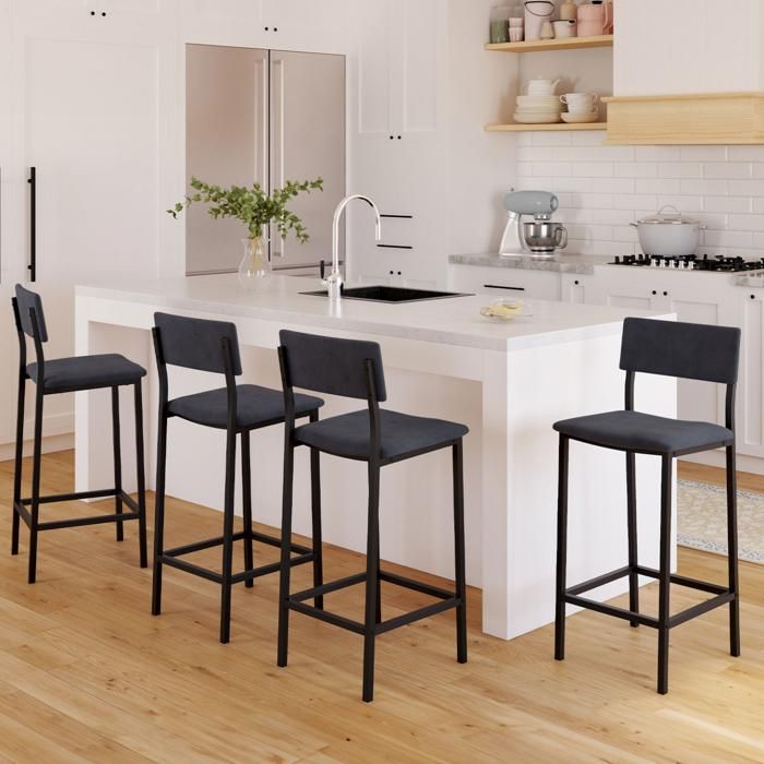 IDMARKET Lot de 4 tabourets de bar AUBIN avec dossier chaise de cuisine velours gris anthracite IDMARKET Lot de 4 tabourets de bar AUBIN avec dossier chaise de cuisine velours gris anthracite