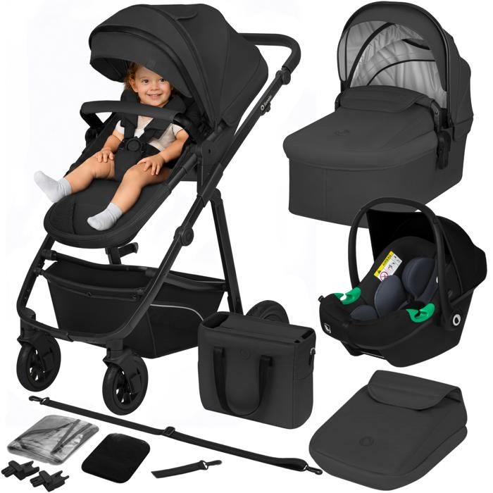 Poussette 3 en 1 LIONELO Bianka -Jusquà 22 kg - Pack poussette Nacelle Siège auto sac et accessoires - Noir
