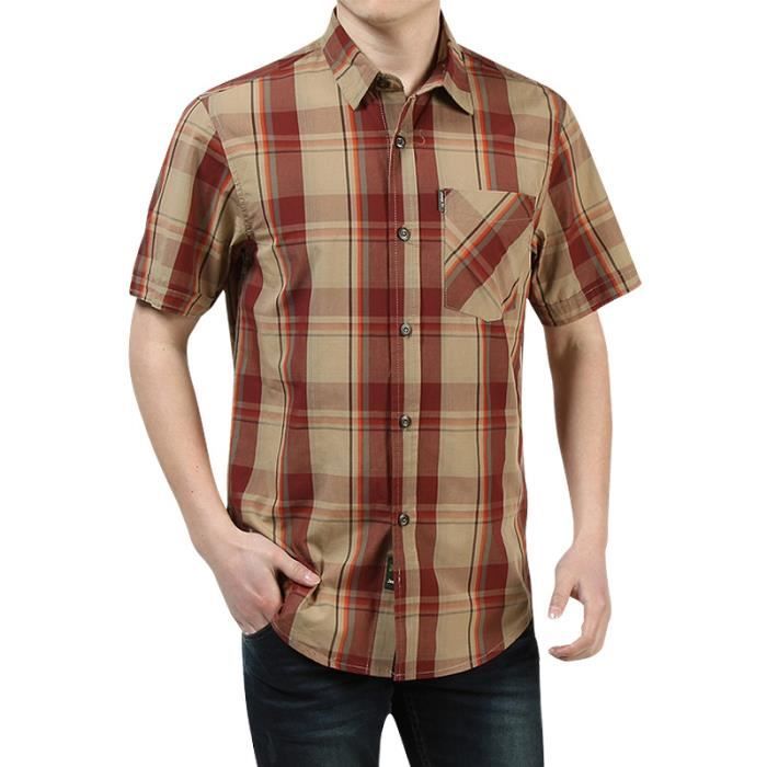 Chemise Carreaux Homme Manches Courtes En Coton Chemise Cargo Avec Poches Tissu Confortable