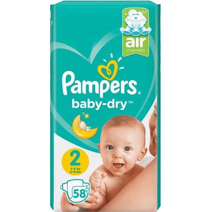 Lot de 5 couches PAMPERS BabyDry taille 2 (48 kg) 60 couches
