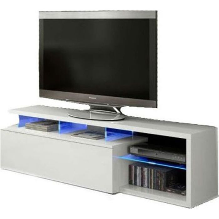 Meuble TV avec LED contemporain blanc et tablettes en verre - Dim : L150 x P41 x H43 cm