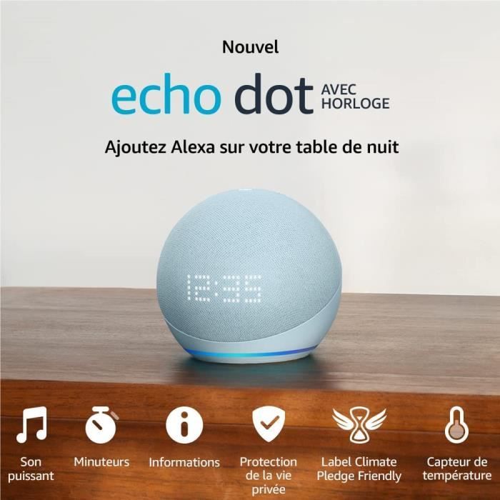 Nouvel Echo Dot (5e génération, modèle 2022) avec horloge | Enceinte connectée avec horloge et Alexa
