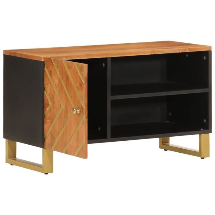 Meuble TV - SALUTUYA - BD4327 - Bois massif de manguier - Marron et noir - 80x31 5x46 cm
