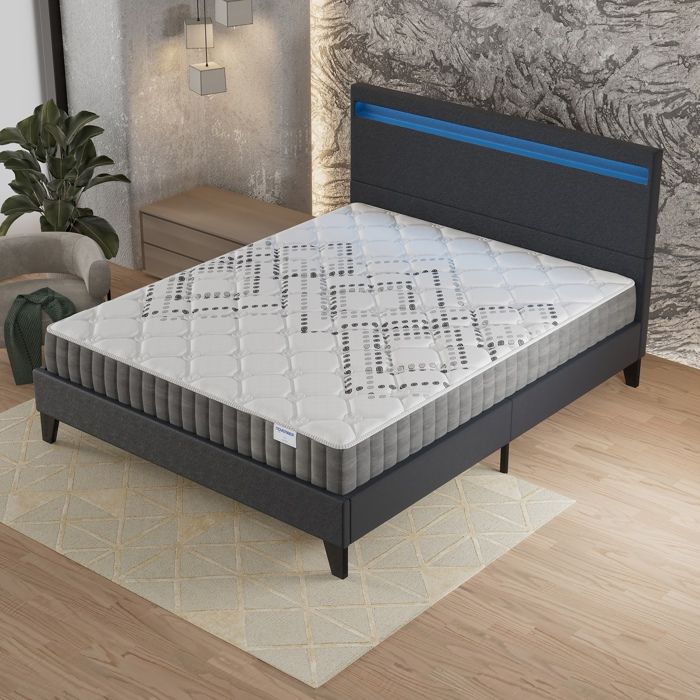 Ensemble MATELAS + LIT (120x190cm)- Eliha 20cm Ressorts ensachés & Mousse HDensité + Sommier stable & tête de lit LED Noir