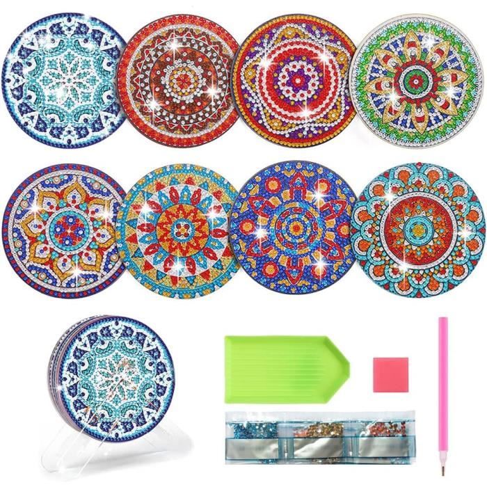 Kit 8 Sous-verres Diamant à Peindre - Motifs Paysages - Avec Strass & Outils - DIY Antidérapant Liège - Loisir Créatif - 3