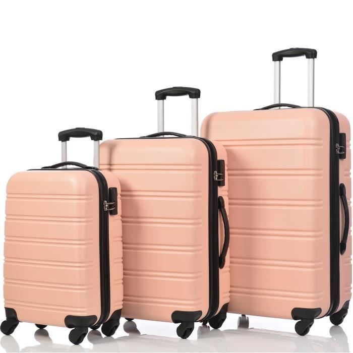 Set valise rigide - trolley - roulette silencieuse 360° - matériau ABS avec serrure - rose