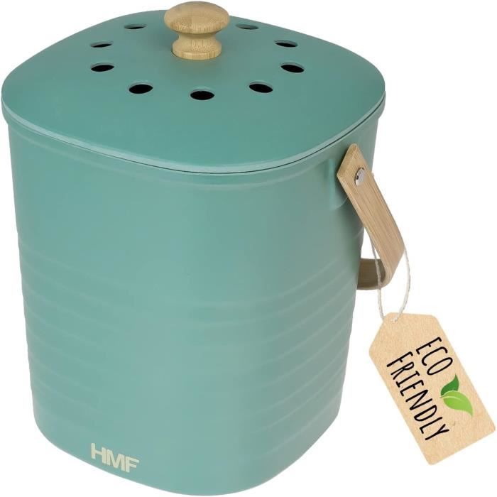 Poubelle Bio Cuisine HMF 3L - Seau Compost Bambou, Filtre Charbon Actif, Design Anti-odeurs