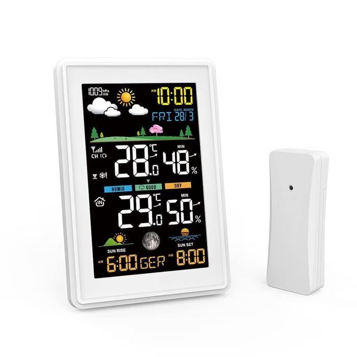 Coraltree Station Météo Sans Fil Avec Capteur Extérieur – Horloge Radio DCF, Thermomètre Hygromètre Intérieur/Extérieur, Grand Écran Couleur, Rappel Ouverture Fenêtre