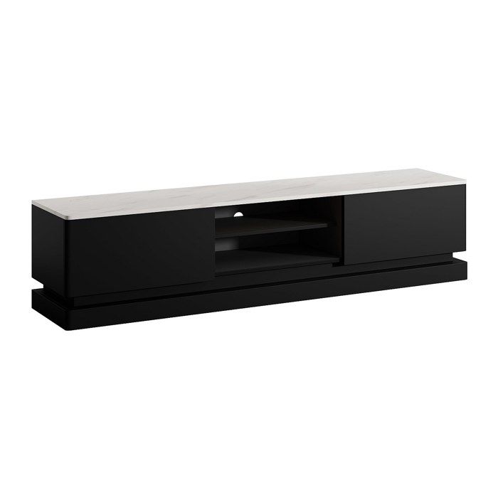 Meuble TV 2 tiroirs et 2 niches avec LEDs en MDF - Noir et effet marbre blanc - DEVIKA