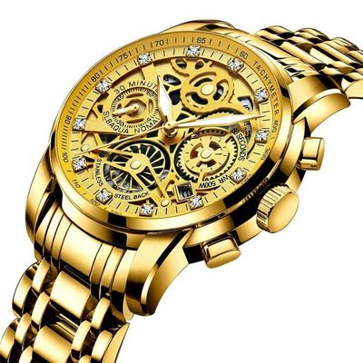 Montre Chronographe Squelette Lige Homme - Boîtier Doré Acier - étanche 30m - Neuf Avec étiquettes