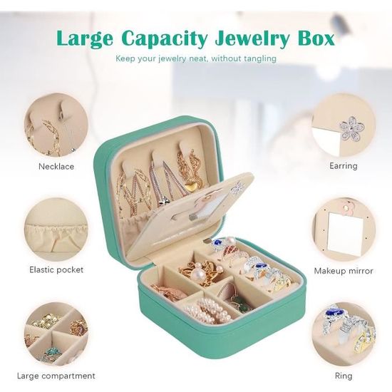 Mini Boîte à Bijoux Voyage En Simili Cuir - Organisateur à Compartiments - 10x10x5 Cm - Cadeau Fille, Femme, Anniversaire - 10