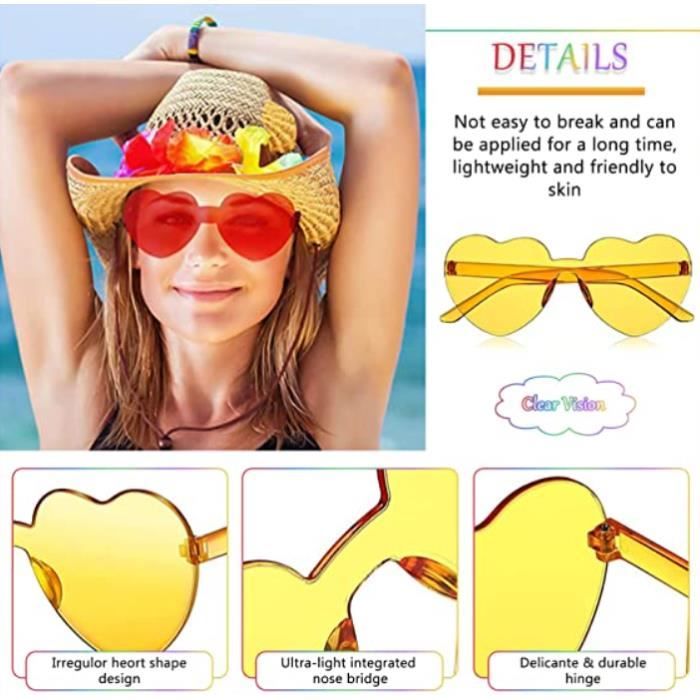 Lunettes de Soleil en Forme de Coeur, 12 Paires Lunettes Parti Hippie  Lunette de Soleil sans Monture Lunette Coeur Couleur